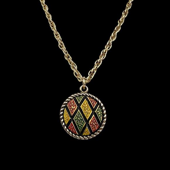 Sarah Coventry Mosaic Necklace Round Pendant and Clip Earrings Set Colorful Vtg - Picture 6 of 12